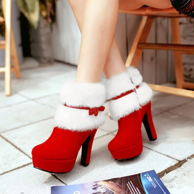 

Christmas and winter new suede high-heeled platform platform short plush bow side zipper female high-heeled shoes