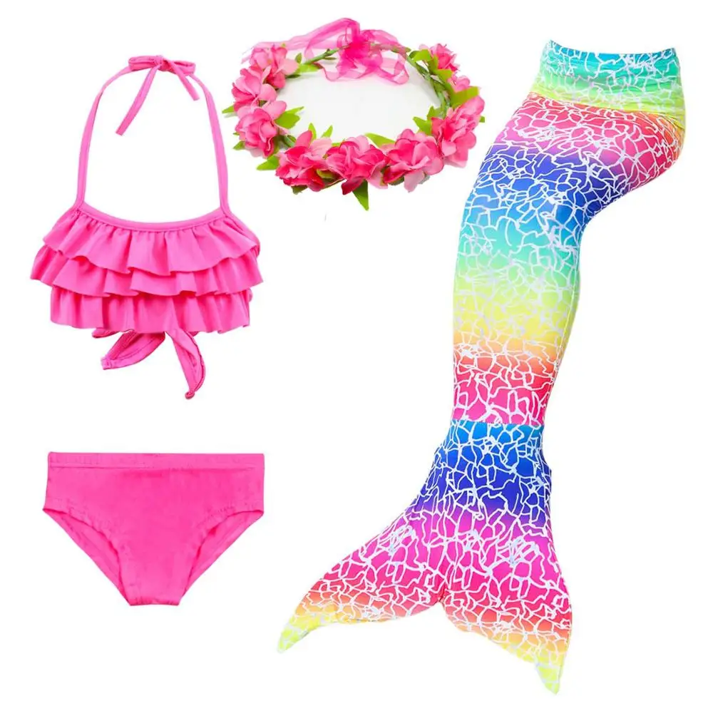 4pcs-6 Коллекция года, детский купальный костюм с хвостом русалки для девочек купальный костюм, купальный костюм, комплект бикини для косплея, можно добавить монофиновые очки - Цвет: 4pcs-6