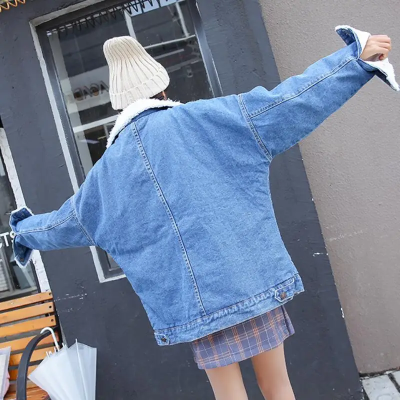 2019 зимние теплые джинсы с мехом Женская куртка-бомбер синяя джинсовая куртка