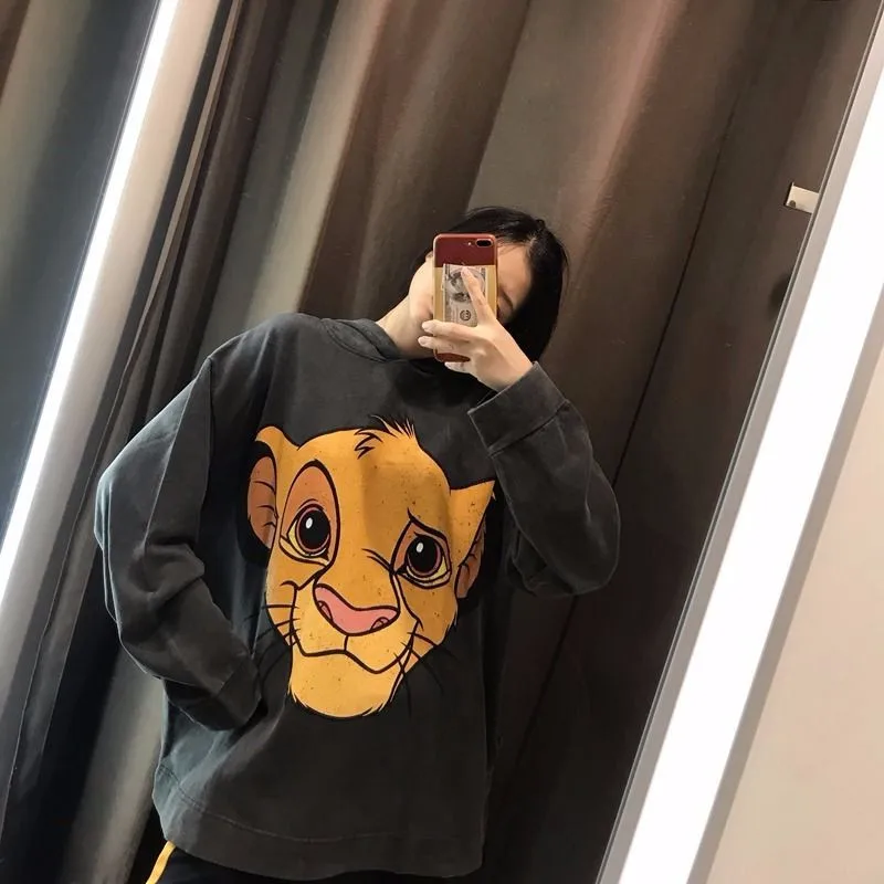 Модные свободные толстовки Kawaii, женские милые весенне-осенние Топы, Женские повседневные топы с рисунком льва, Милая футболка с длинным рукавом, женская футболка