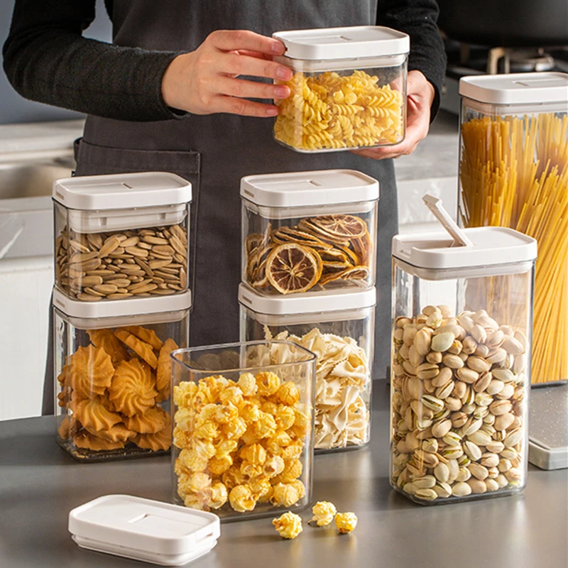 

Sealed Plastic Food Container Kitchen Storage Box Transparent Cereals Tank Spice Jar Rice Dispenser Fridge Organizer with Lid