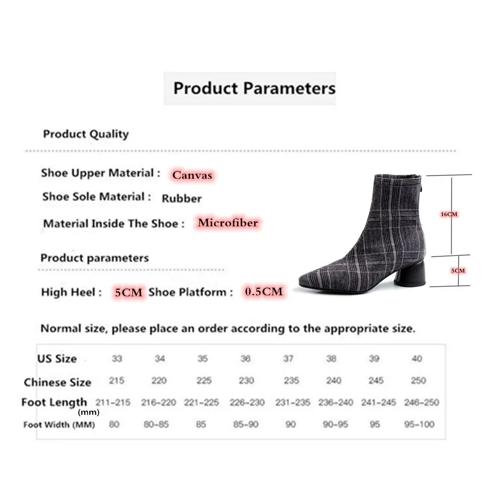 

Plaid Canvas Women's Boots Runway Party Vacation Ladies Shoes Pointed Toe High Heels High Quality Luxury Designer Botte Femme