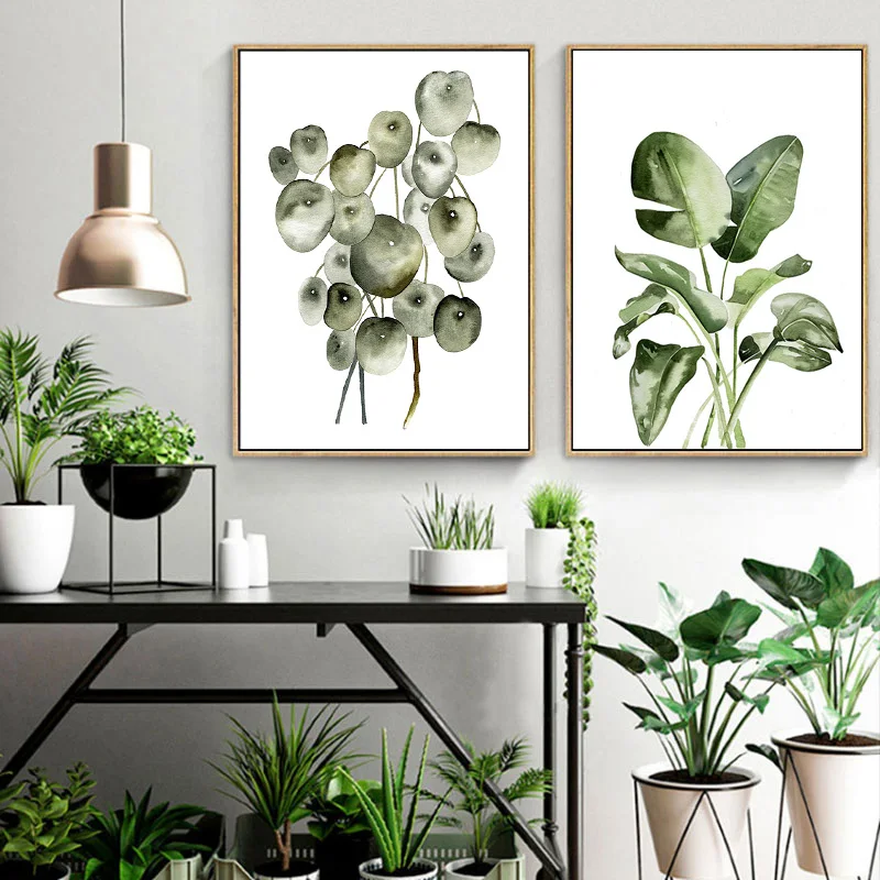 Плакаты и принты акварельных листьев настенная Картина на холсте с зелеными
