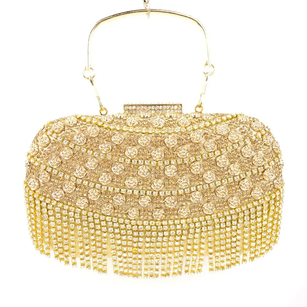 

women golden Diamond Rose Banquet handbag female flower silver Evening Bag Bride clutch purse Women Dress Bag for cocktail party