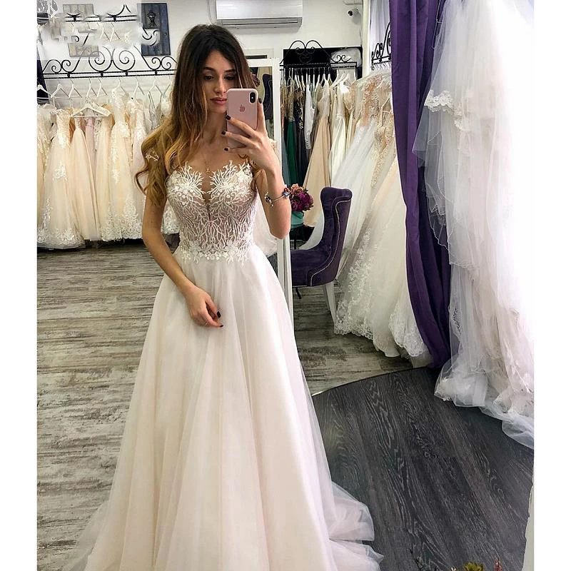 

Appliques A-line Custom Made Lace Wedding Dresses V-Neck Ivory Tulle Cap Sleeves Long Dress With Sweep Train Bridal Gowns Formal