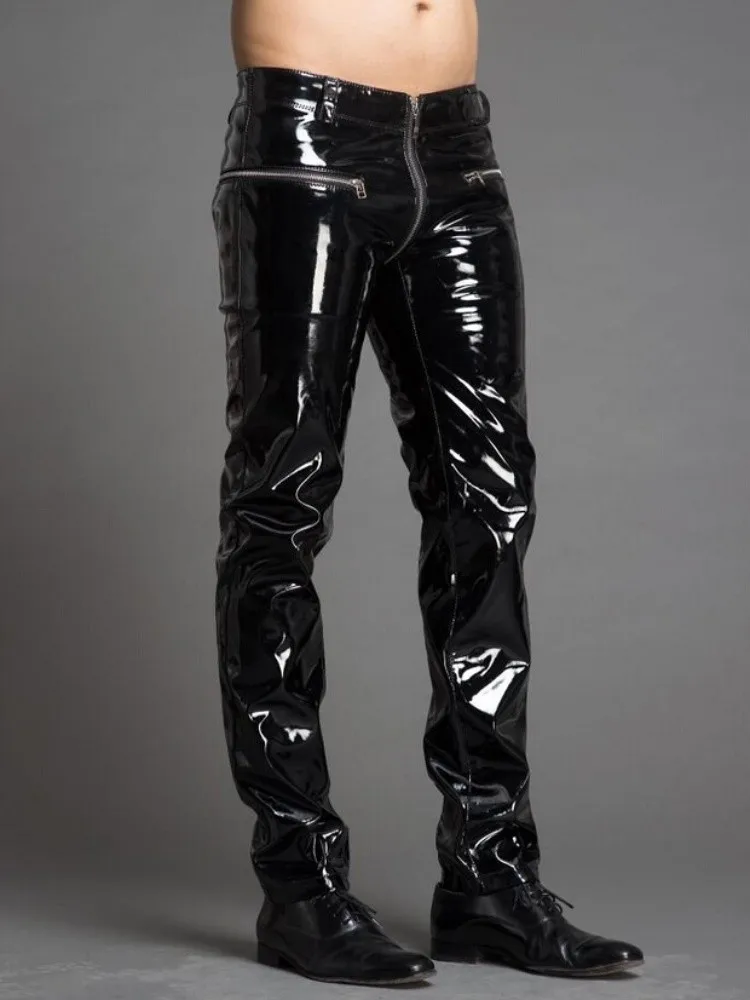 29-39 Men's New Fashion Leather Pants Clothing Slim Bright Japanned Clubwear DJ Singer Stage Costumes Zipper Leather Trousers