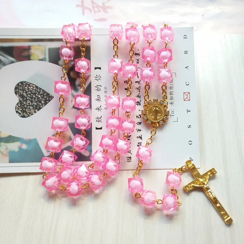 

QIGO Long Pink Square Acrylic Religious Necklace Gold Cross Rosary Necklace For Women
