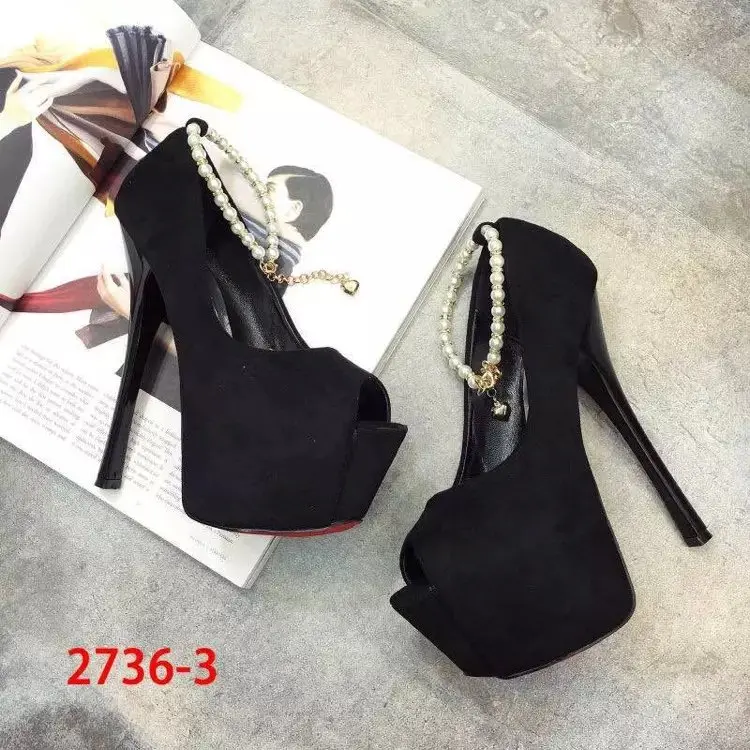 

16CM fish mouth new super high heel beaded single shoes stiletto high heels platform platform women's shoes black shoes