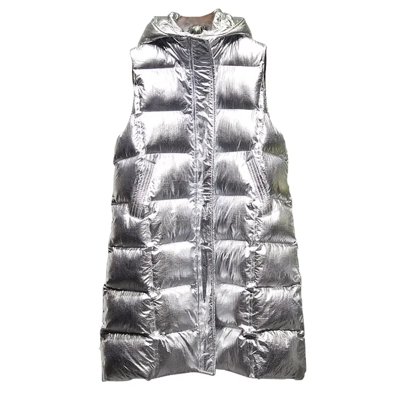 Уличная длинная куртка жилет Женский Золотой Серебряный Теплый Блестящий с