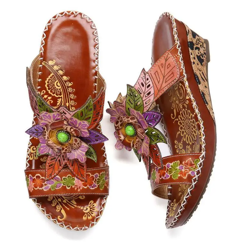 

Johnature Summer Women Slippers Genuine Leather 2021 New Women Shoes Hand-painted Sewing Slides National Style Ladies Slippers