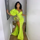 Зеленые атласные вечерние платья-русалки с разрезом сбоку и драпировкой на одно плечо, платья для выпускного вечера с аппликацией из бисера, африканские коктейльные платья