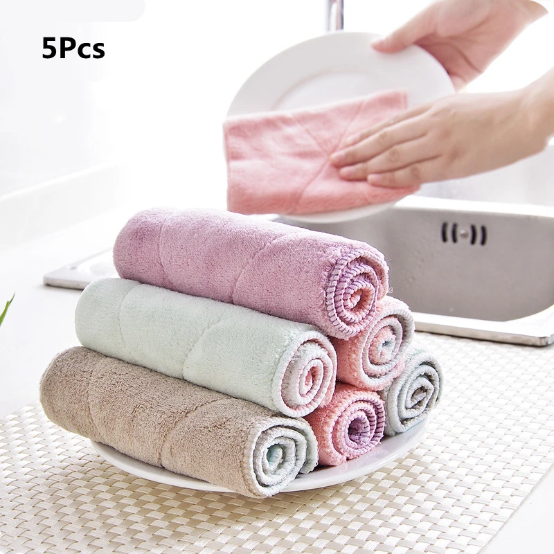 

5Pcs/Lot Coral Fleece Dish Cloth Double-Layer Absorbent Thicken Cleaning Wiping Towel Dishwashing Scouring Pad Kichen Tools