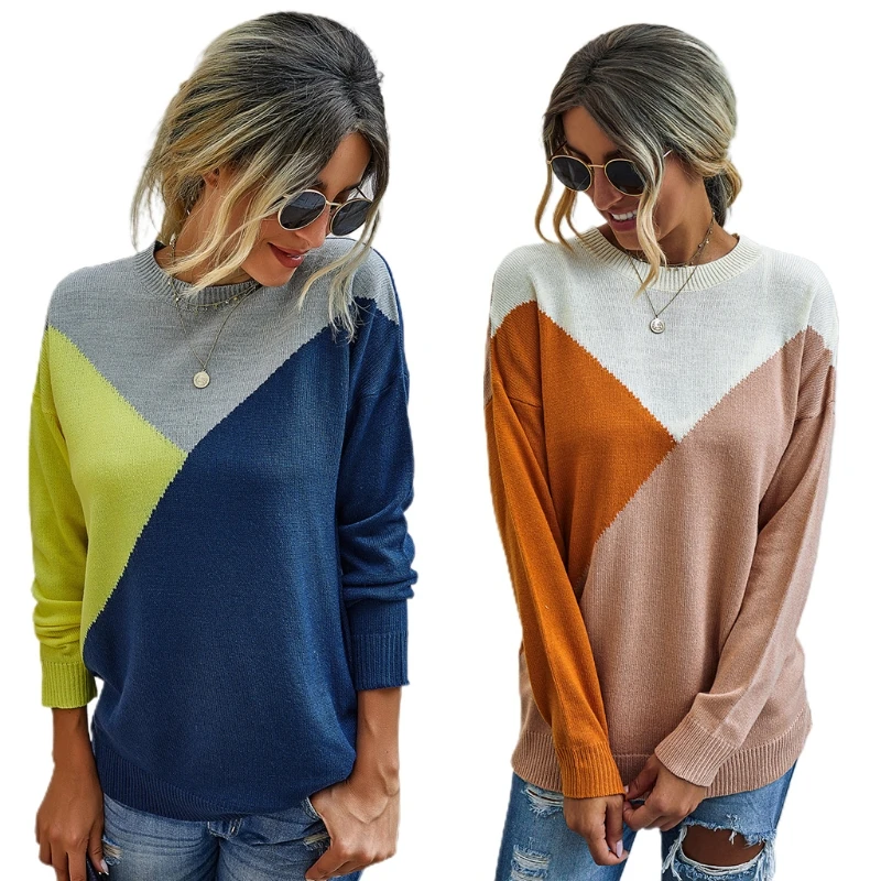 

Women Long Sleeve Knitted Sweater Stitching Color Block Jumper Pullover Tunic