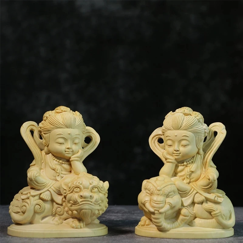 

10cm Manjusri Bodhisattva Chinese Boxwood Carving Ornaments Buddha Statue Solid Wood Home Decor Zodiac God