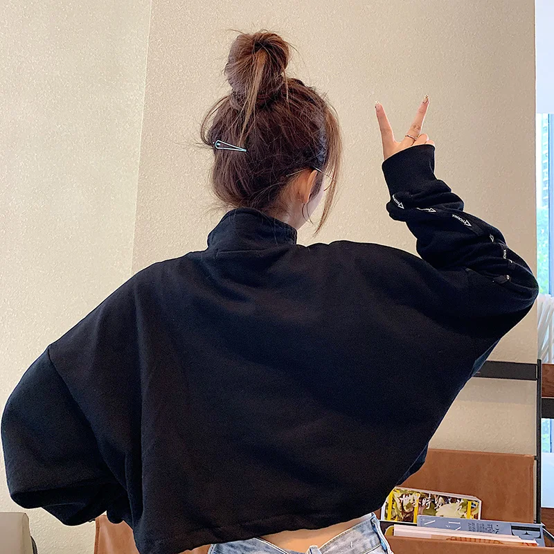 

Womens Hoodies Casual Sweatshirt Zipper Stand Collar Long Sleeve Short Tops Elastic Waist Drawstring Females Pullovers