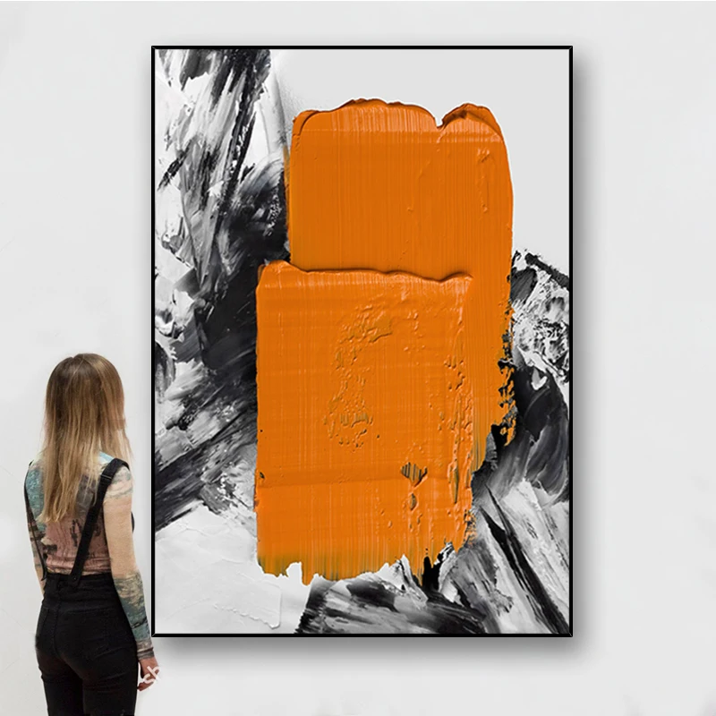 

Hand Painted Vertical Orange Black and White Oil Painting Floral Wall Hanging Art Living Dining Room Home Office Decor No Framed