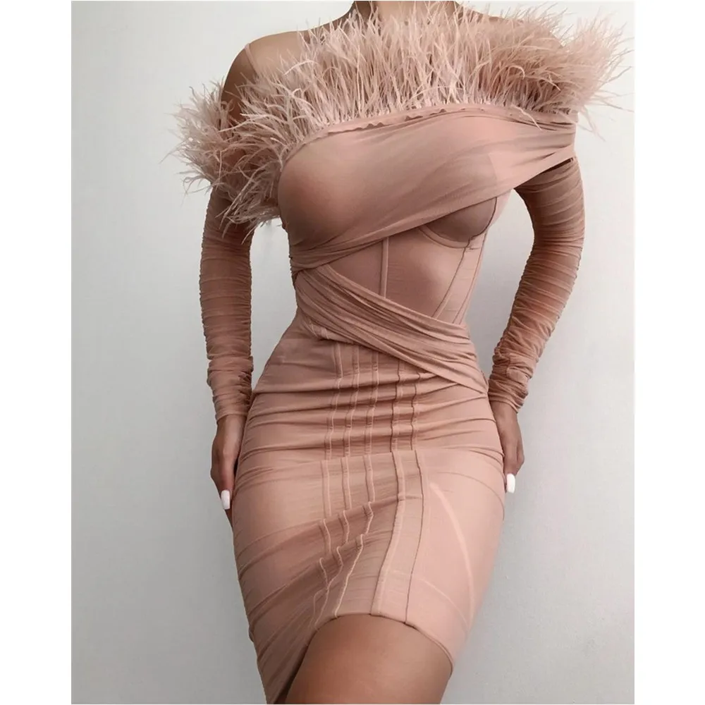 

Vero Sinly 2021 Winter Women Sexy Off Shoulder Feather Long Sleeve Bodycon Bandage Dress Elegant Celebrity Evening Party Dress