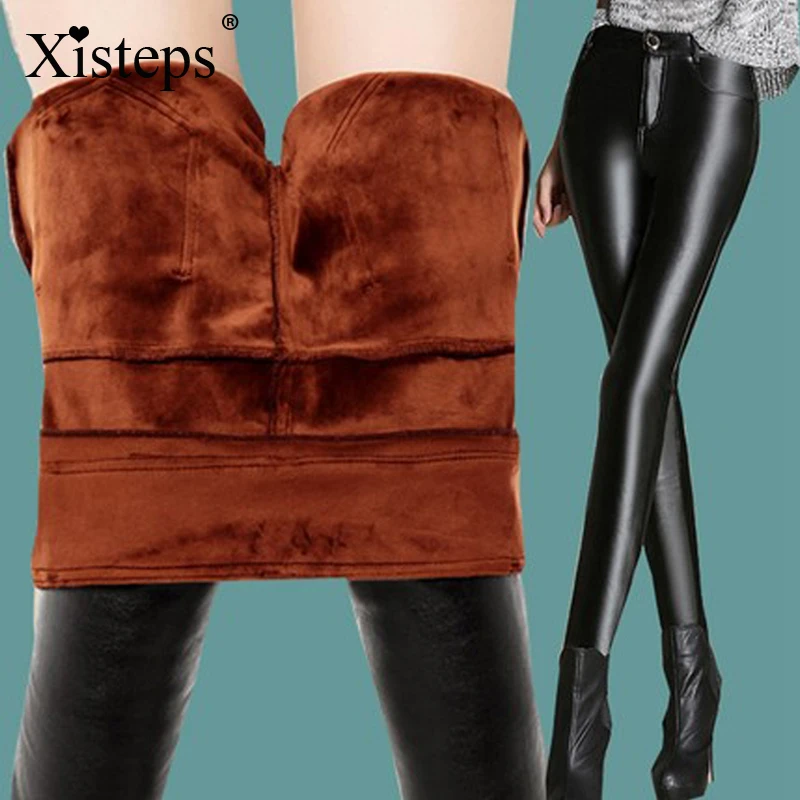 

Теплые плотные бархатные эластичные женские брюки-карандаш Xisteps из искусственной кожи с высокой талией, женские зимние обтягивающие длинны...