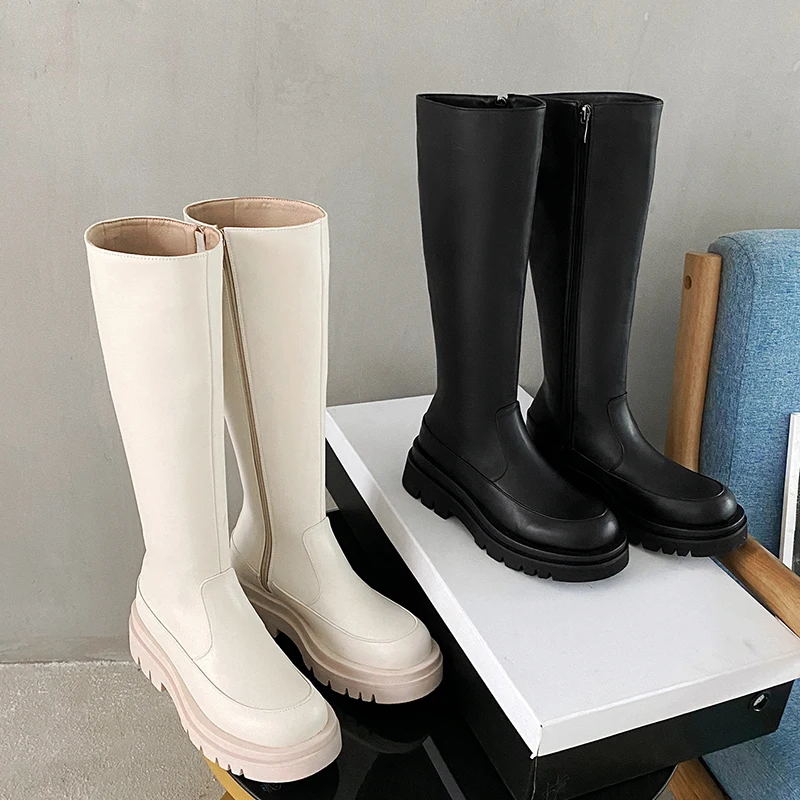 Simple Side Zipper Square Toe Chelsea Knee-Length Boots Large-Size Thick-Soled Inner Heightening Boots Women's Platform Boots