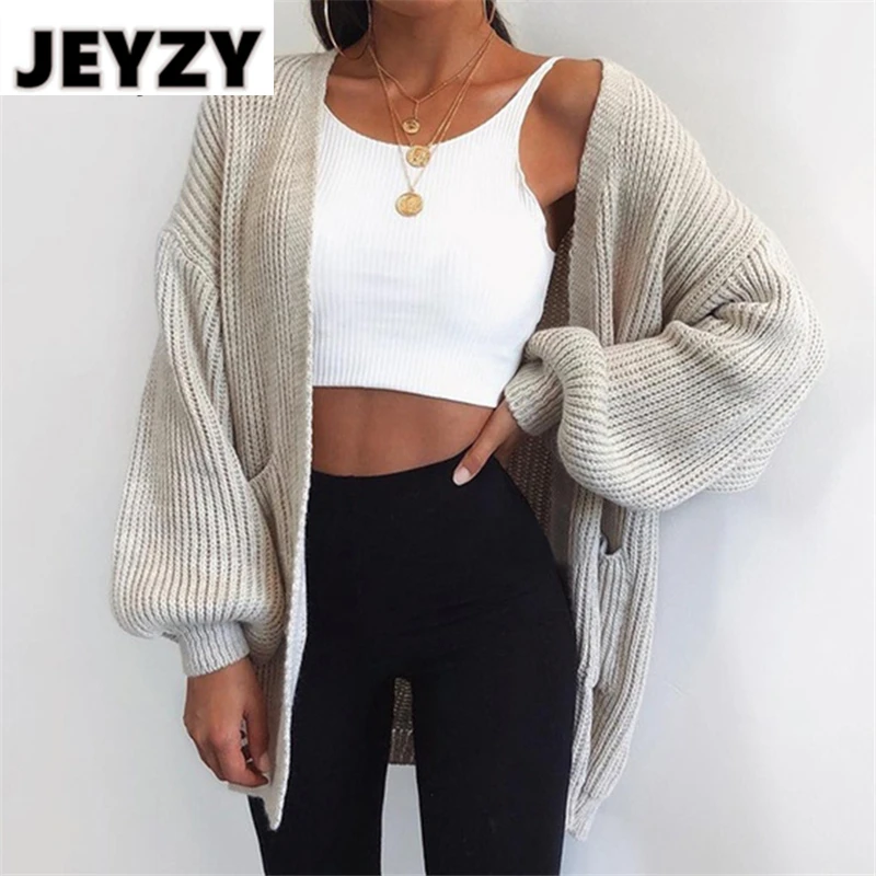 

Jeyzy Fashion Sexy Casual 2020 Women Long Sleeve Loose Pink Knitted Sweater Cardigans Oversized Beige Sweater Autumn Winter