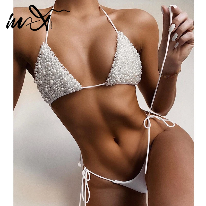 Комплект бикини In-X с жемчугом 2020 Привлекательный белый купальник Женский