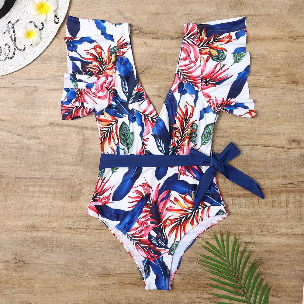 

Leaf Floral V-Neck Ruffled One-Piece Swimsuit Sexy Waistband Women Monokini 2021 Beach Bathing Suit Swimwear