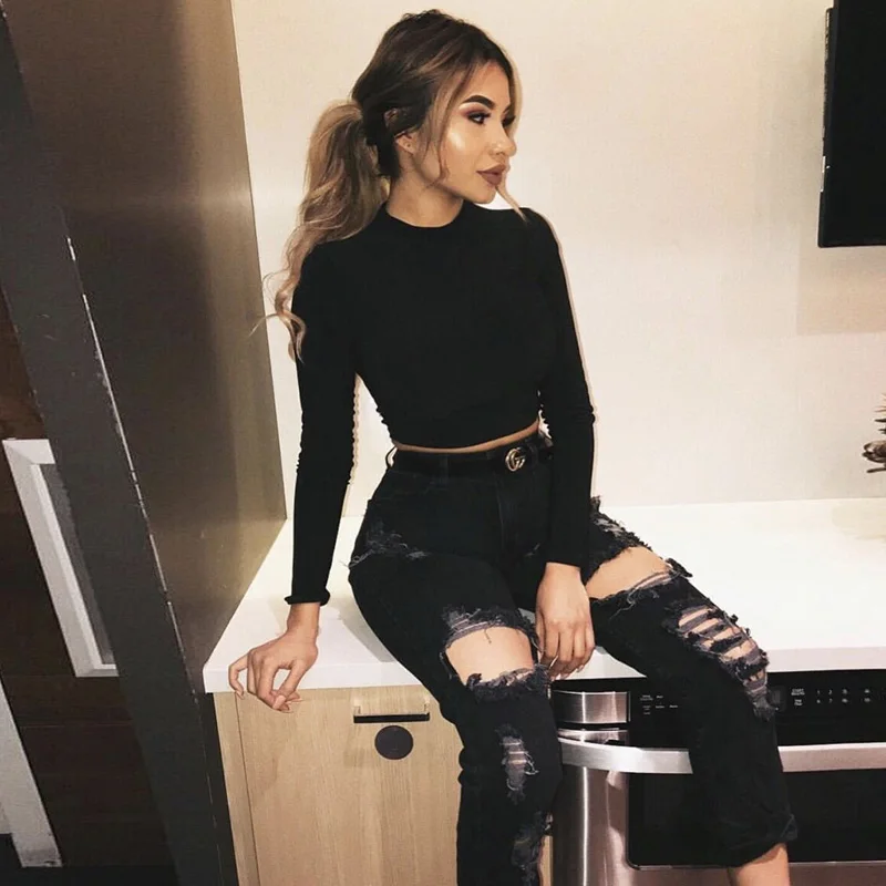 

Long Sleeve Crop Top Women Shirts Harajuku Korean Black Burgundy Sexy Clothes Turtleneck Basic Short T Shirt Femme 2019