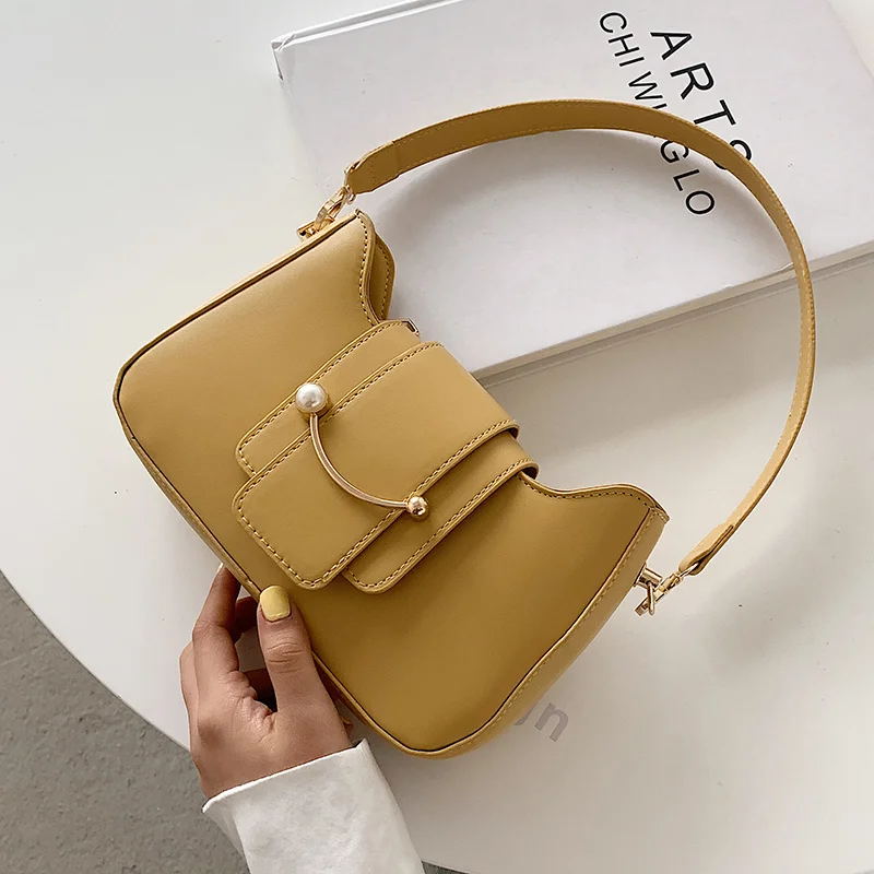 

Yellow Small Fashion PU Leather Crossbody Bag for Women 2021 Summer Luxury Baguette Shoulder Purses and Handbags Pearl Designer