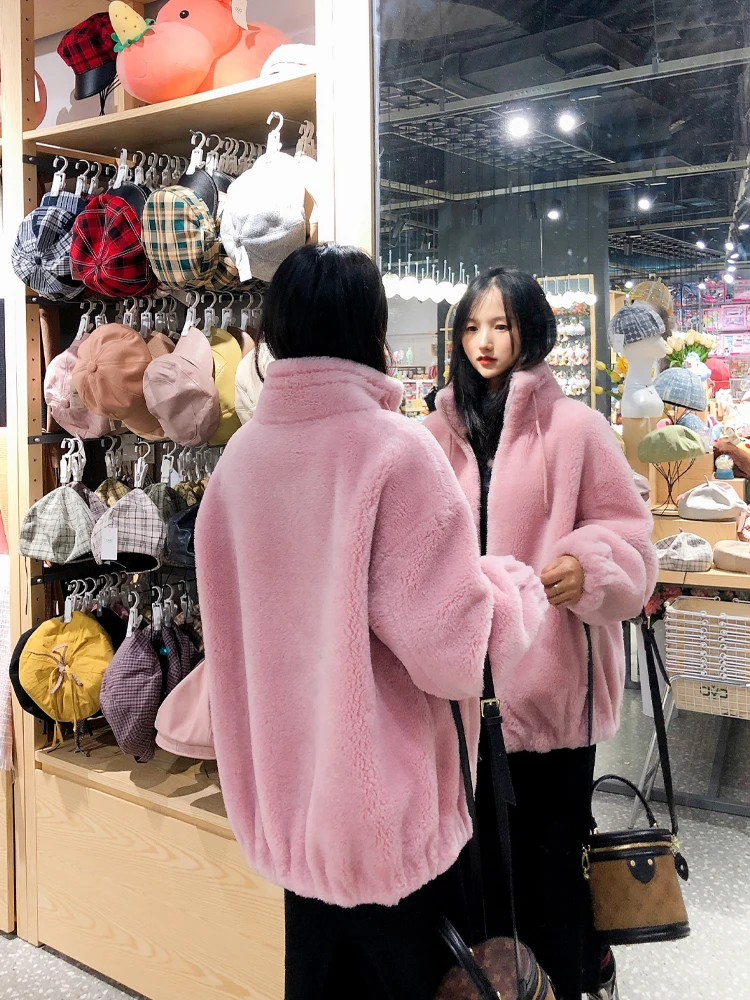 100% Australian Wool Granulated cashmere fur all in one cashmere plush coat women's new fur stand collar young style 2020