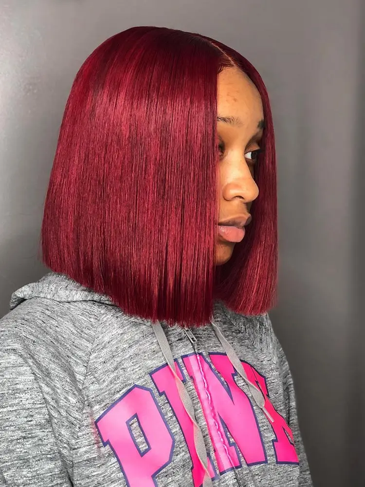 

Short Bob Burgundy Wig Lace Part Human Hair Wigs Remy Peruvian Straight Short Bob Wig 99J T Part Lace Wig Preplucked 150 Density