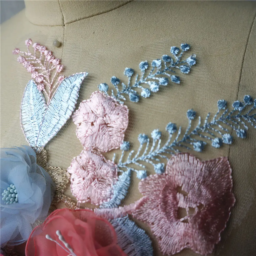 Розовая синяя 3D Цветочная кружевная ткань блестящие бусины бахрома вышитая