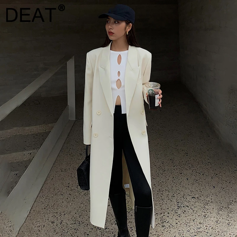 

Женское однотонное пальто до колена DEAT, свободное двубортное повседневное пальто средней длины, Осень-зима 2021