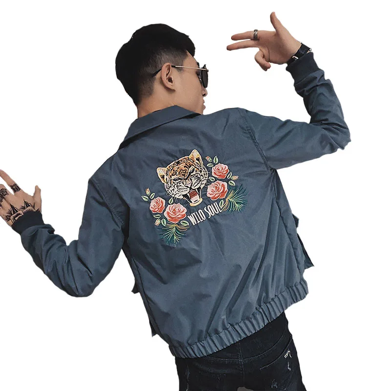 Куртка мужская с вышивкой тигровой головы приталенная Повседневная Верхняя