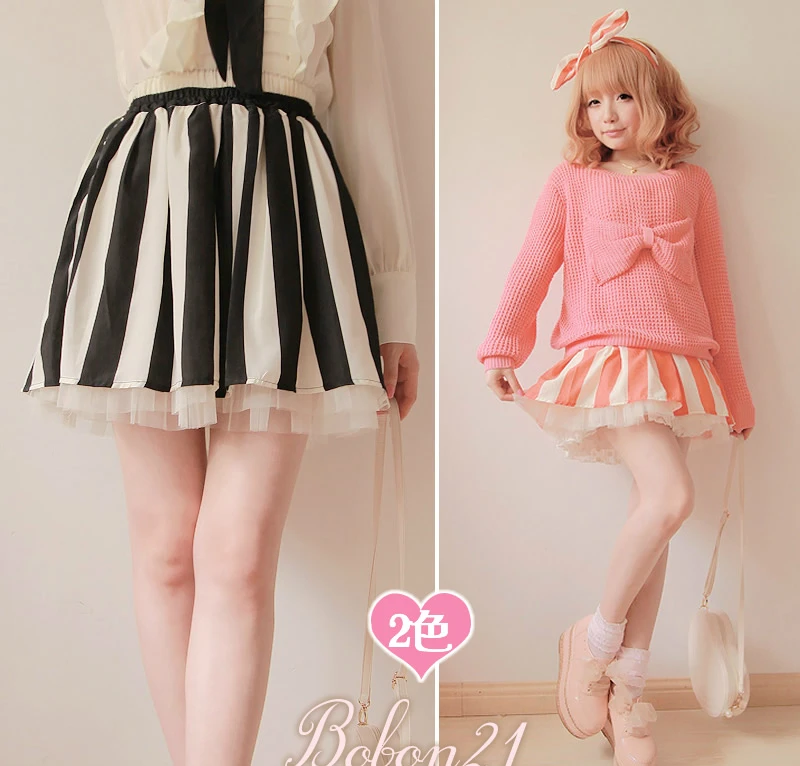 

Princess sweet lolita skirt Bobon21 autumn gauze double layer popular vertical stripe puff skirt bust skirt b0874