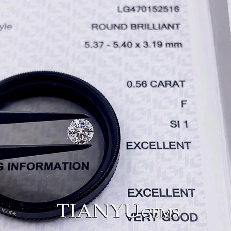 

Tianyu Gems CVD Round Brilliant 0.56ct F SI1 2EX Cut Lab Grown Synthetic Diamonds IGI 5.37X5.40X3.19mm Sparkle for Rings Jewelry
