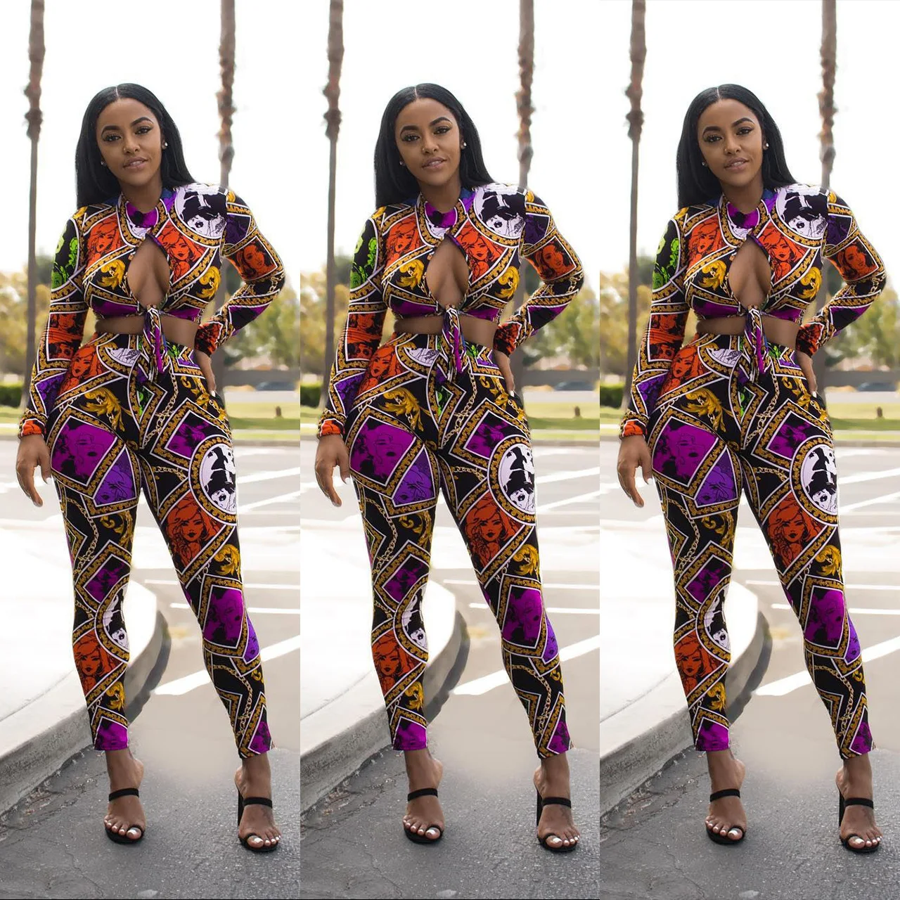 AlSexy костюм-платье с длинным рукавом сплит-соединение печати повязку обернуть