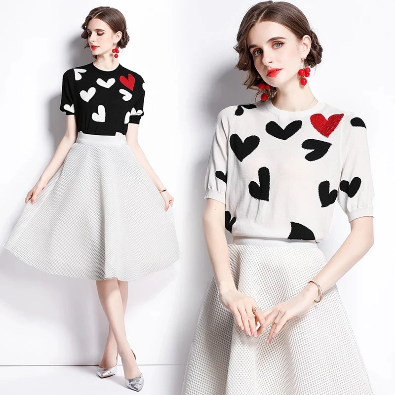 

2021 Summer Stripe Knit Tops and White A-line Midi Skirt Two piece Sets Women Runway Design Fashion Casual Knit Set Suit M69896