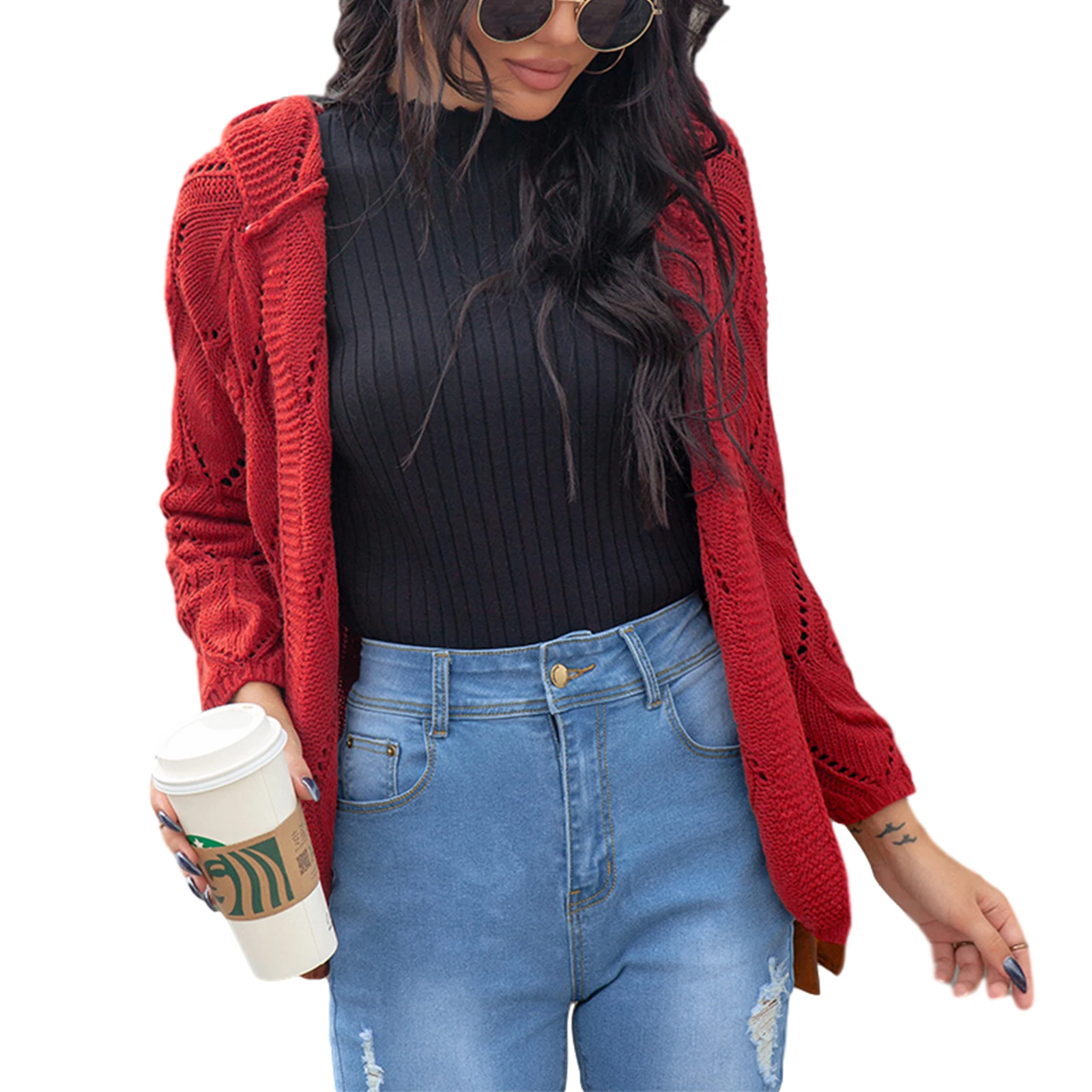 

2020 Women's Solid Knitted Cardigan Long Sleeve Cut-out Hooded Coat for Spring Autumn and Winter