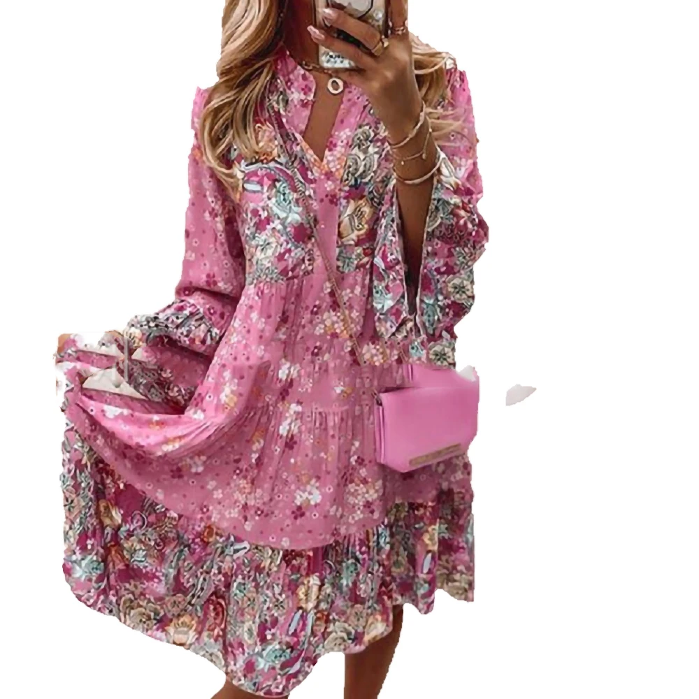 

NEW Autumn women Long Split Sleeve Casual Style Polyester Color Blocking V-neck High Waist Printed Flare Sleeve Dress vestidos