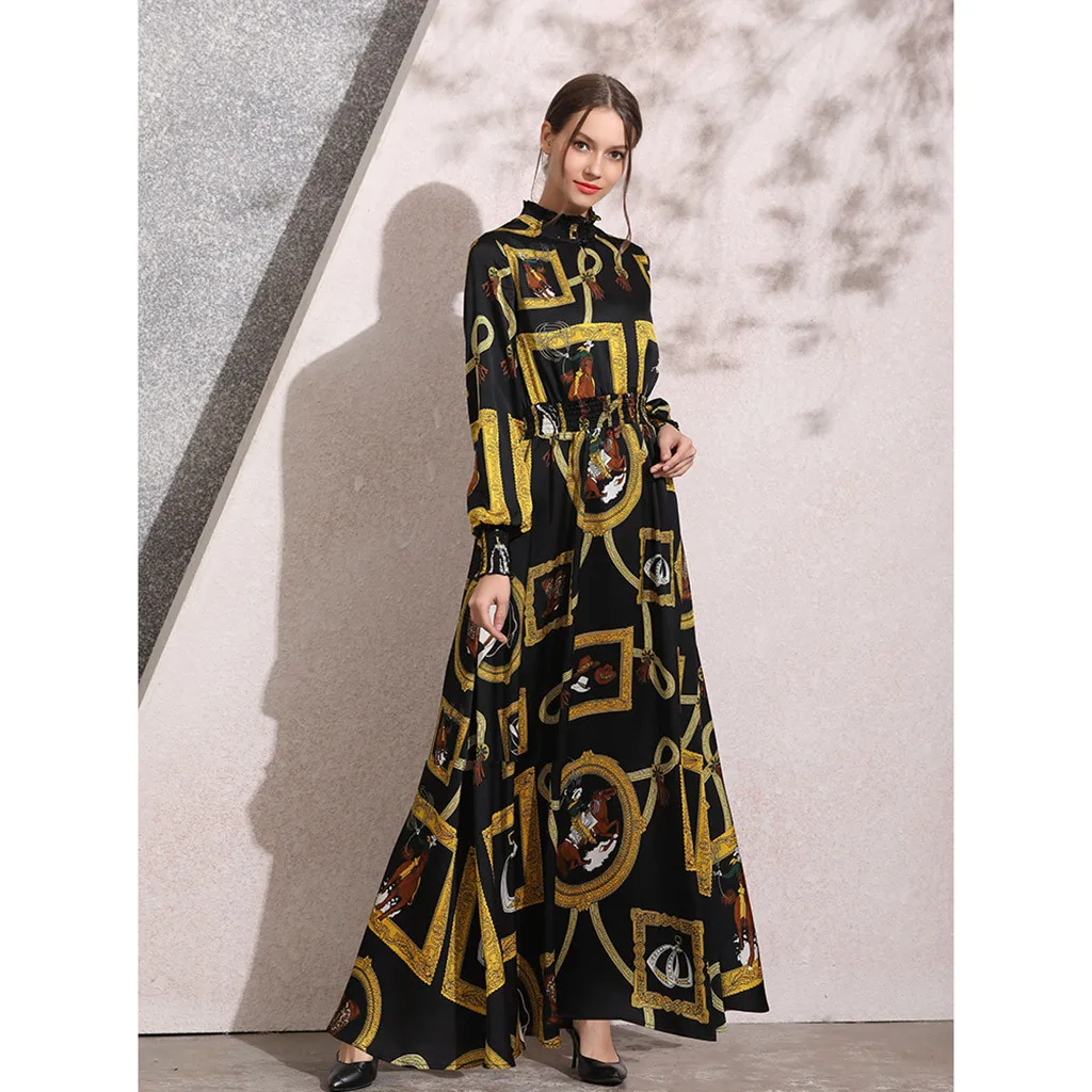 long abaya dress Casual Muslim women Fashion New Simple Retro Print Slim Elastic Waist Silk Dress Long W905 | Тематическая одежда