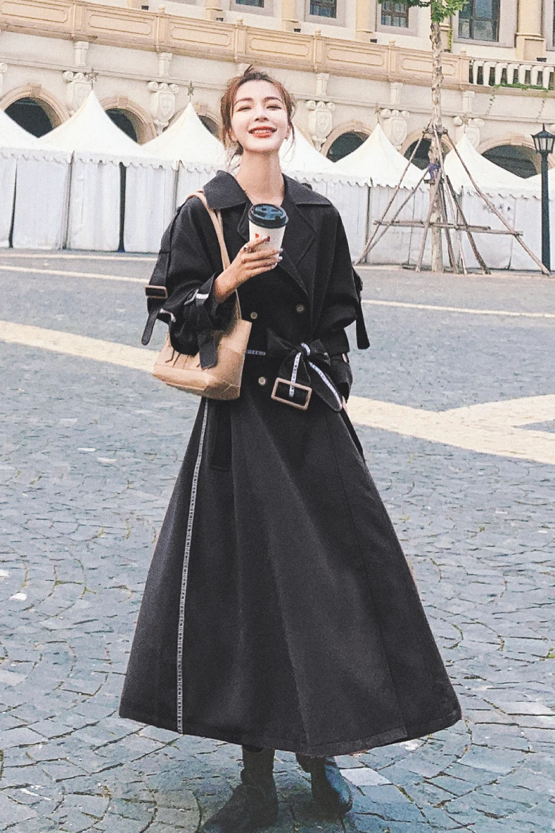 

3 Colors Women Loose Big Hem Maxi Windbreaker Ribbon Splice Sashe Long Trench Coat Female Fashion Korean Overcoat Autumn Winter