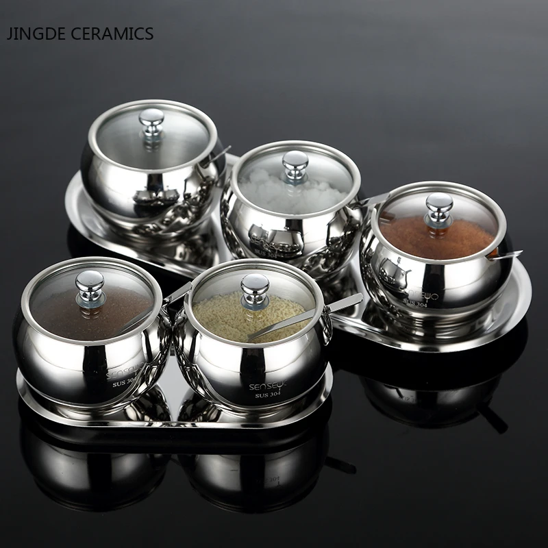 

Stainless Steel Salt Pepper Shakers Spice Jars Spice Container Does Canister Set Household Kitchen Accessories with Tray