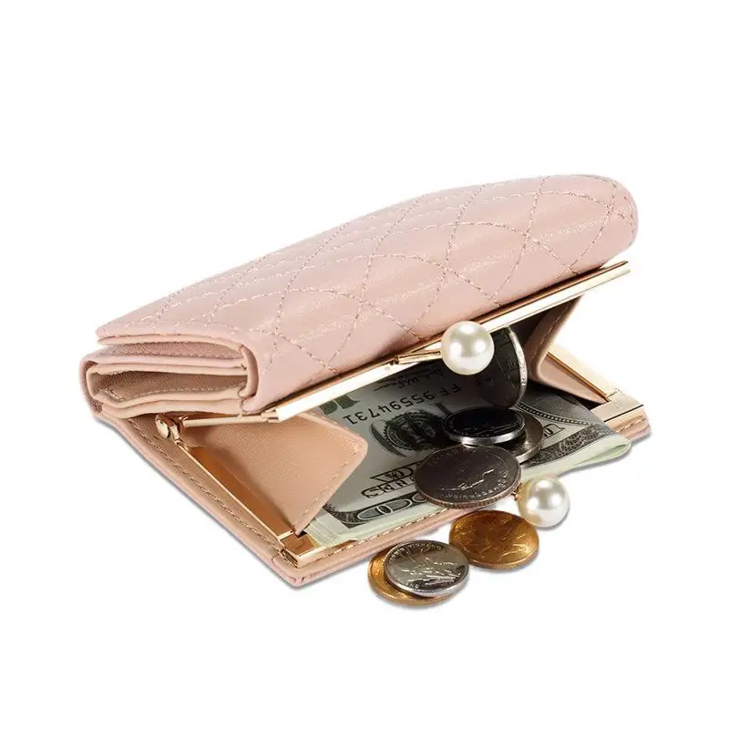 Pearl Decoration Women Short Wallet With Coin Pocket Korean Pu Leather Small Cute Female Card Holder Hasp Lady Mini Pink Purse