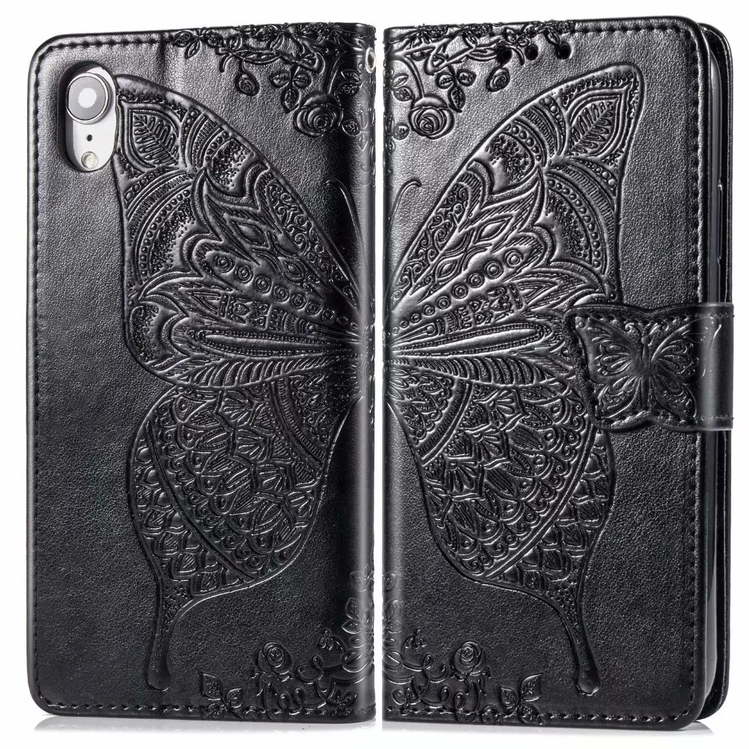 Black Кожаный чехол для телефона с рисунком бабочки для iPhone 6, 6S Plus, 7, 8 Plus, 11 Pro Max, откидная Подставка для Apple iPhone X, XS, чехол для Max XR - Цвет: Black