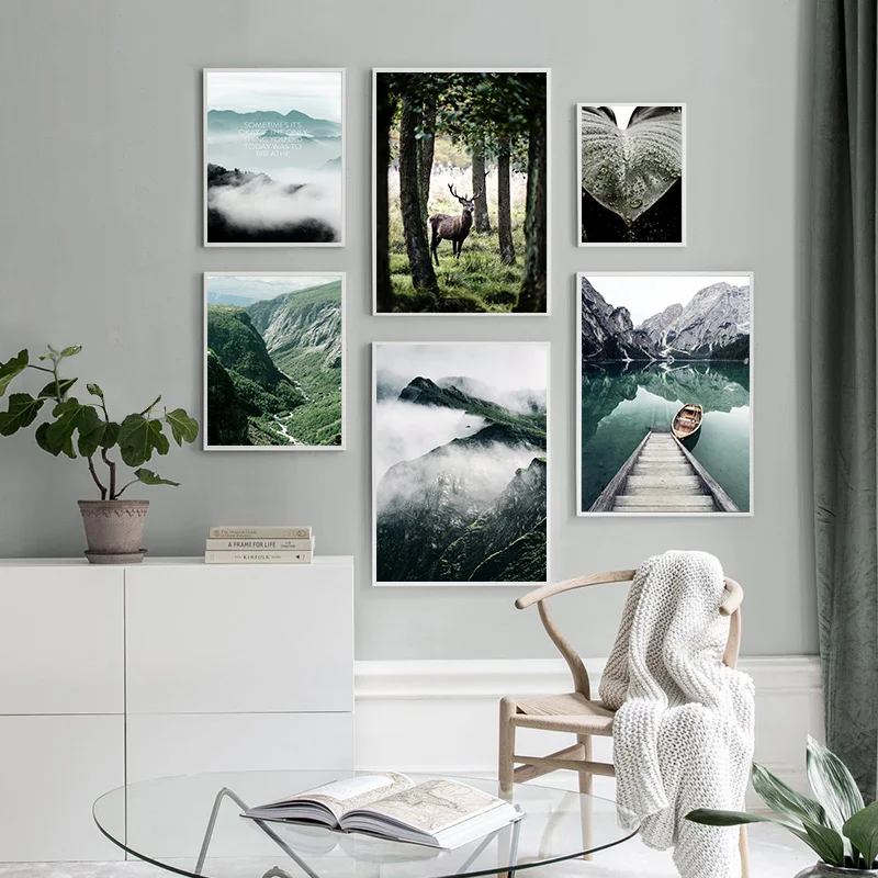

Mountain Lake Boat Picture Nature Scenery Scandinavian Poster Nordic Wall Art Canvas Painting Home Decoration Print Landscape