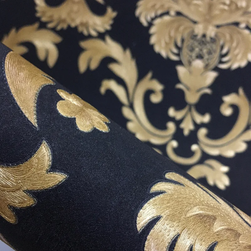 Черные обои виниловые с золотым узором ПВХ для гостиной текстурированные