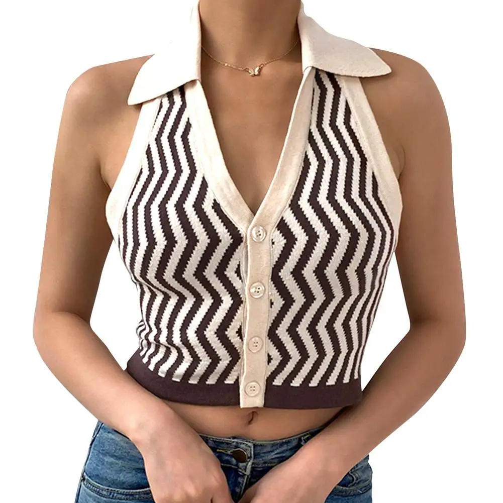 Женский полосатый облегающий жилет Y2K уличная модная майка с лямкой на шее милый