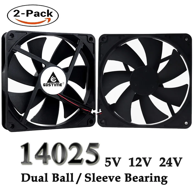 

2Pcs Gdstime DC 140MM 5V 12V 24V 2PIN USB 140x140x25mm Dual Ball PC Brushless Case Cooling Fan 14025 14CM CPU Cabinet Cooler Fan