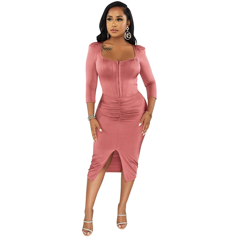 

Женское облегающее платье средней длины, элегантное однотонное платье составного кроя на молнии с квадратным вырезом, длинным рукавом и рю...