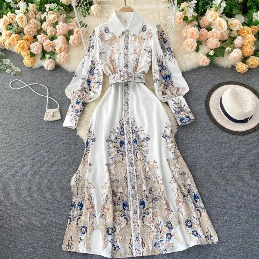 

Women's Polyester Dress Ladies Retro Vintage Print Female Fashion French Long Print Shirt Temperament Trendy Dresses Sleeve P6K0